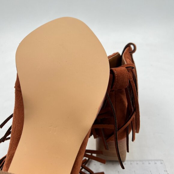 YDN Brown Ankle High Boots with Tassels Round Toe Block Heel Booties Shoes - Picture 6 of 7